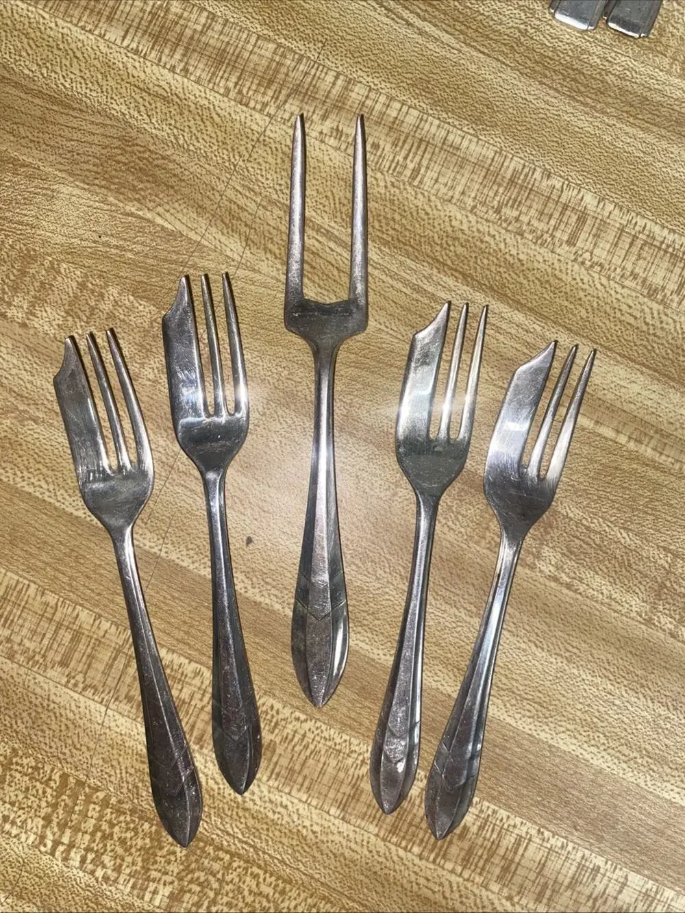 Sheffield Loxley / Maurice Stables 4-Pastry Forks & 1-Spear SilverPlate ART Deco